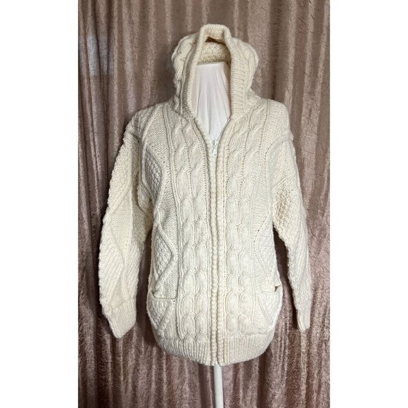 Native Knit Sweaters - Native Knit Women's Medium Hand-Knit Wool Cable Knit Hooded Sweater Cardigan Wit